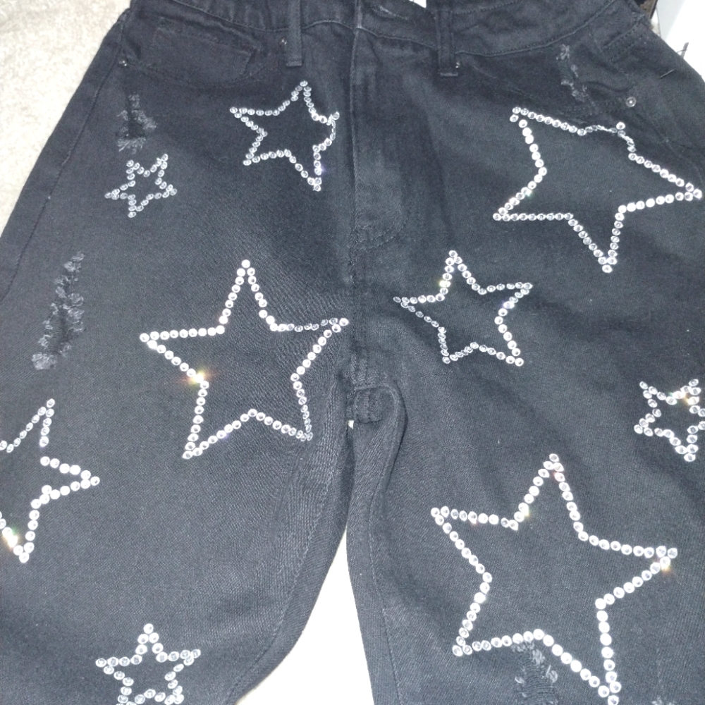SIMPLE SOCIETY Jeans Juniors 9/29 Black Distressed High Rise Star Embellished